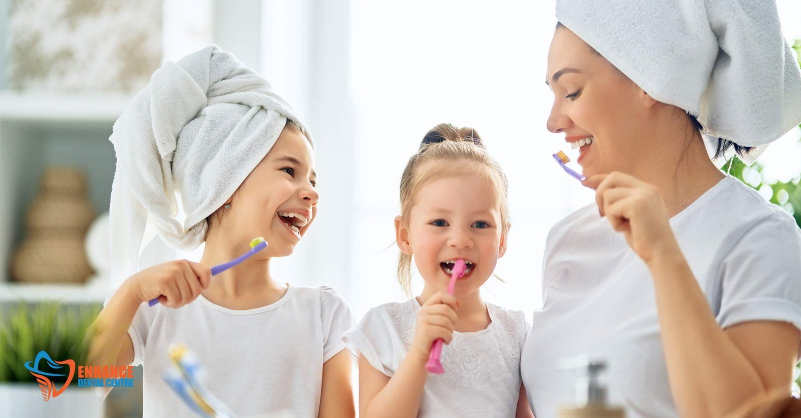 A parent and child brushing their teeth together