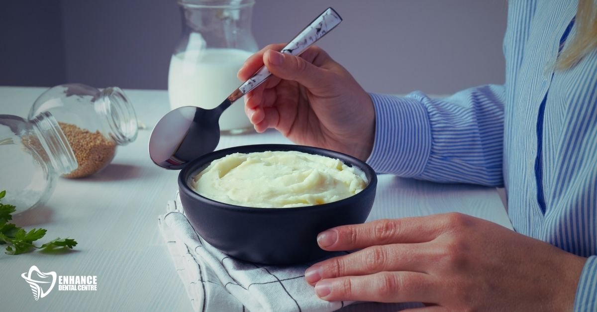 Patient following a soft food diet to support healing after dental implant surgery